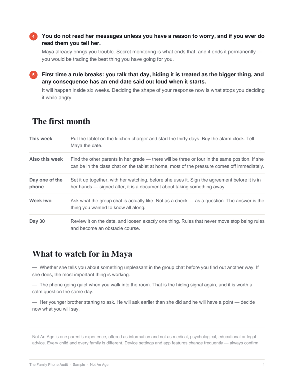 Page four of a sample audit: the first month laid out day by day, and what to watch for.