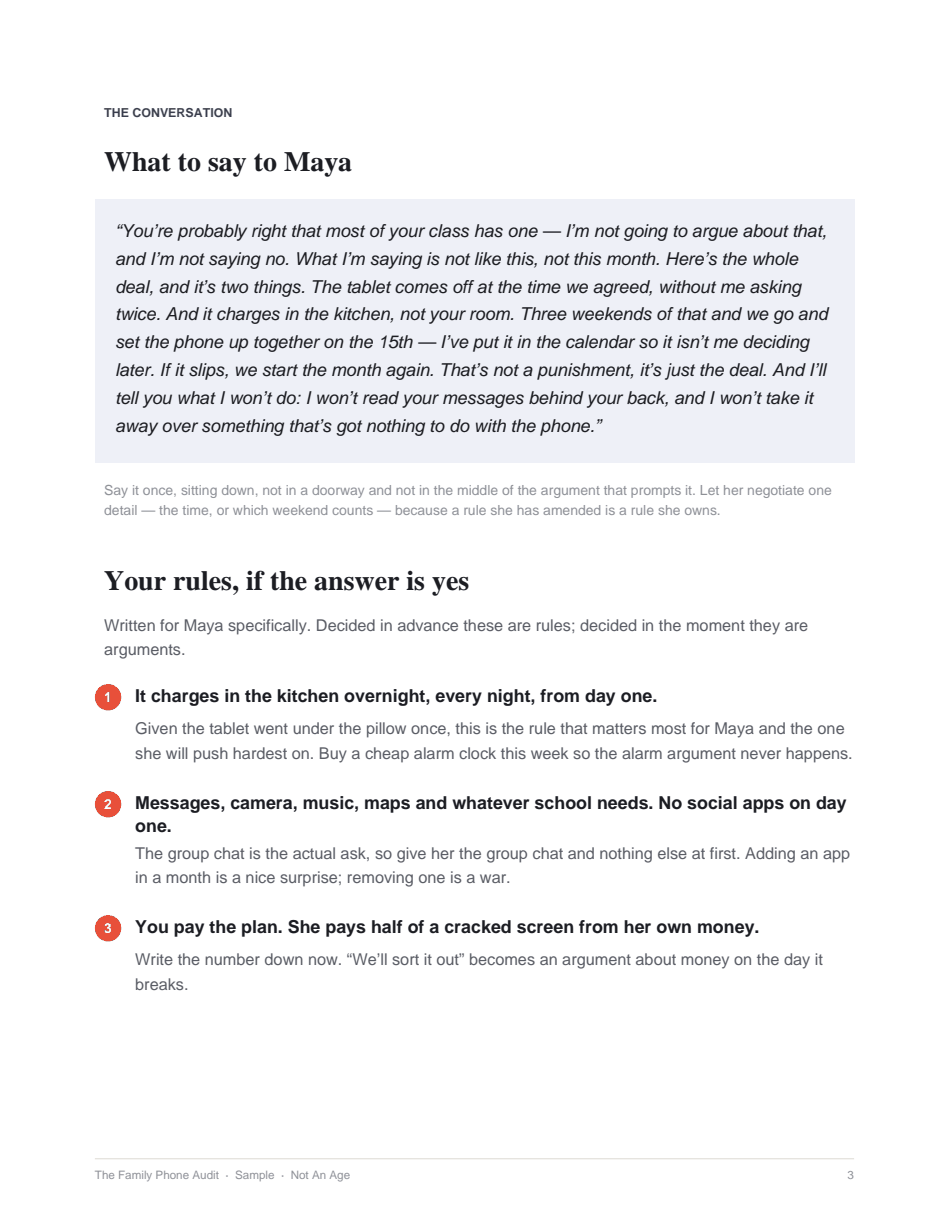 Page three of a sample audit: a quotable script to read out loud, followed by the family’s rules.