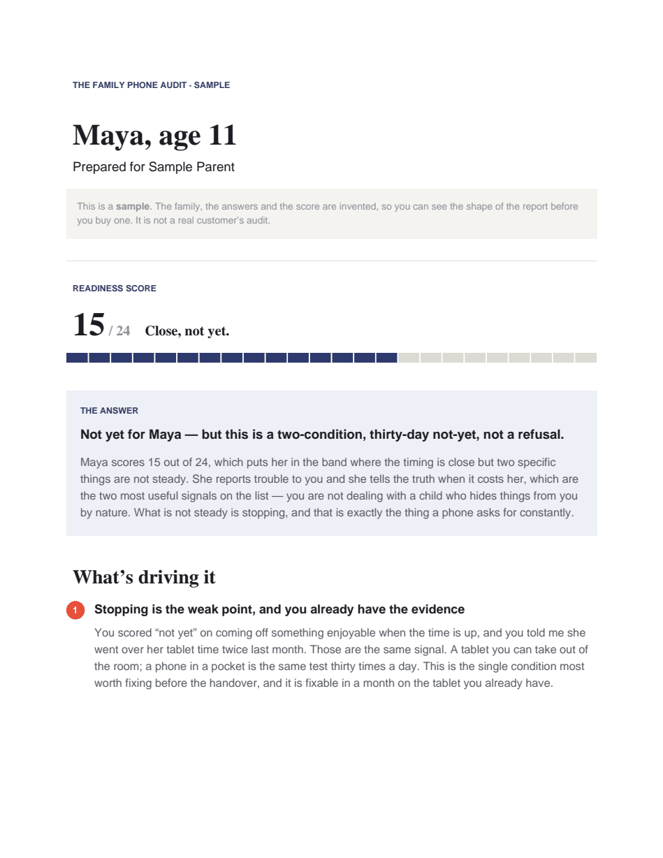 Page one of a sample audit: the child’s name, a readiness score of 15 out of 24, the verdict, and the first of the drivers behind it.