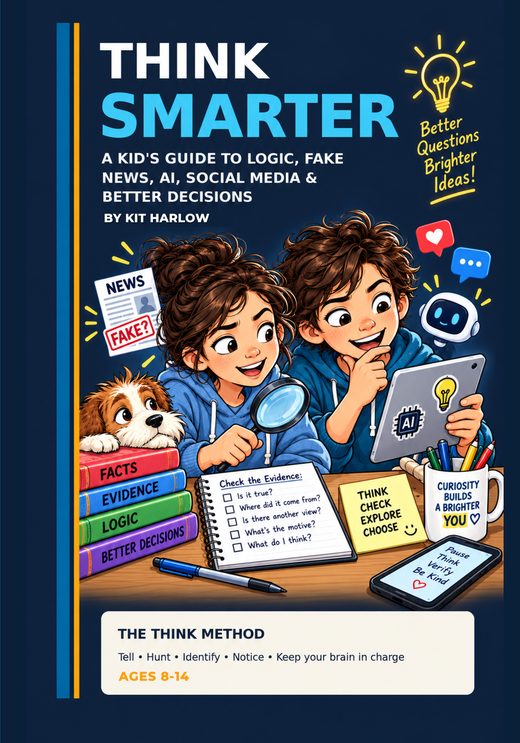 Cover of Think Smarter: A Kid’s Guide to Logic, Fake News, AI, Social Media and Better Decisions, by Kit Harlow, for ages 8 to 14.